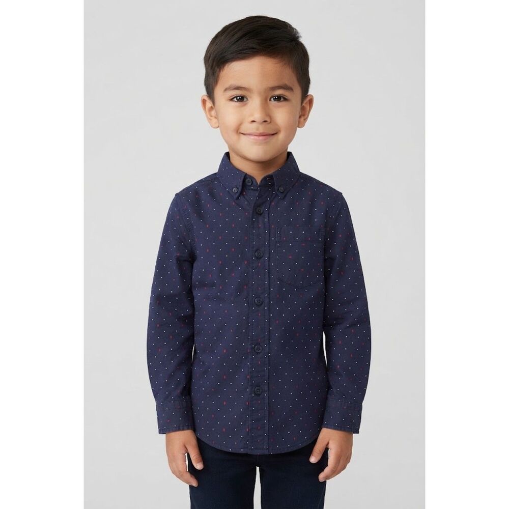 The Children's Place Navy Dot Button Down Shirt Boys Size 5T Holiday Pictures
